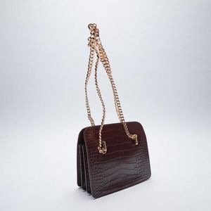 Zara Dark Brown Croc-Embossed Mini Shoulder Bag with Gold Chain